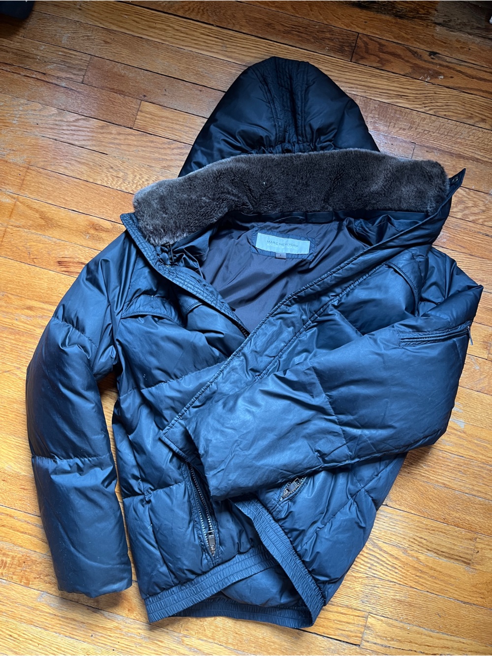 Men's Black Hooded Puffer Jacket with Faux Fur Trim